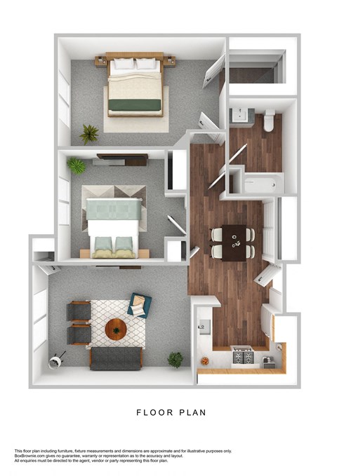 Floor plan for 2 beds, 1 bath, 896 sqft
